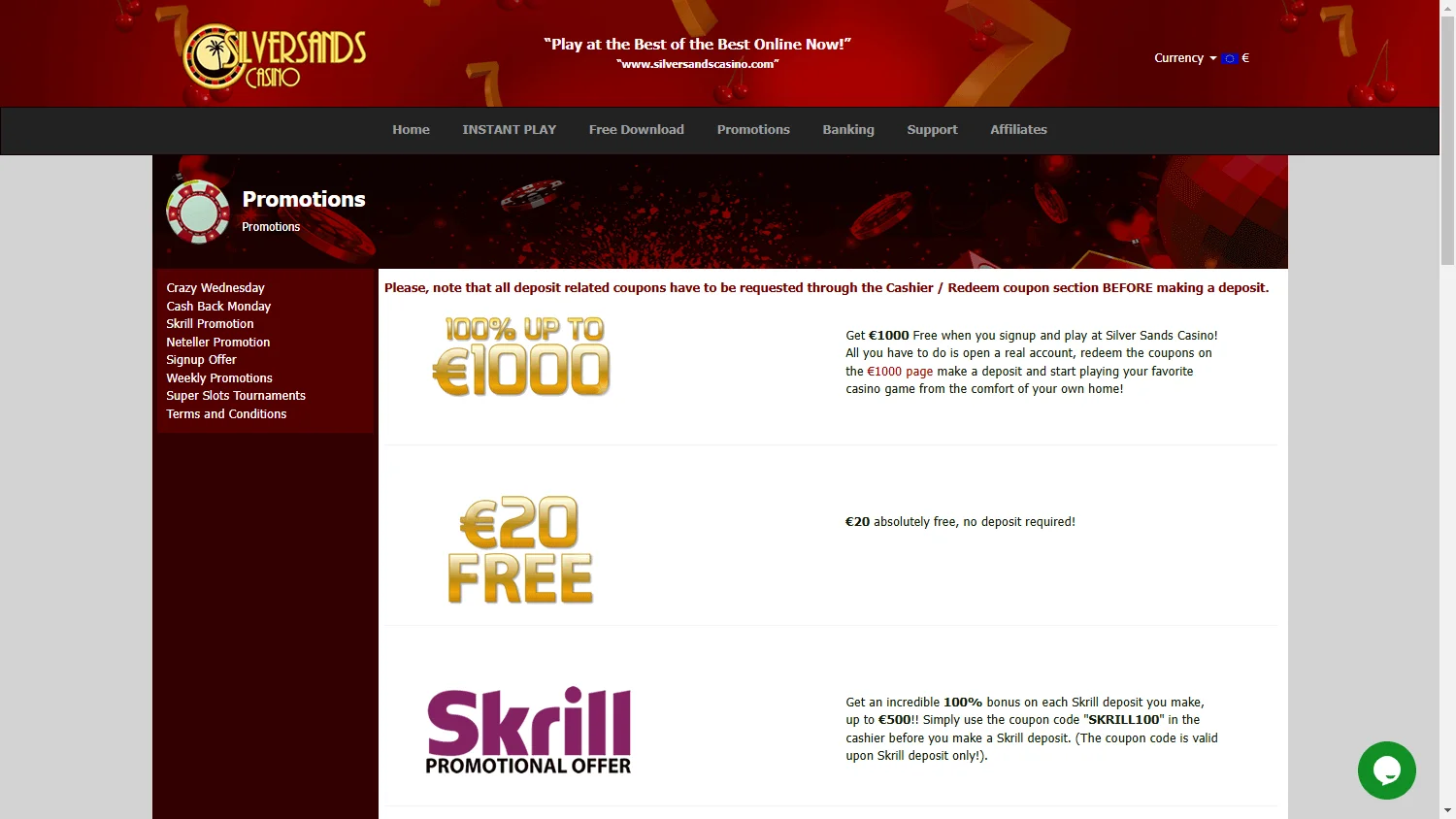 Silversands Casino desktop promotions with welcome and loyalty offers