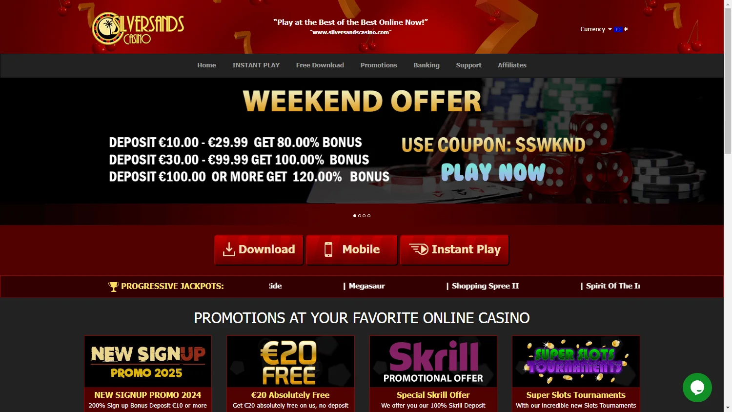 Silversands Casino desktop home experience with the opening offer